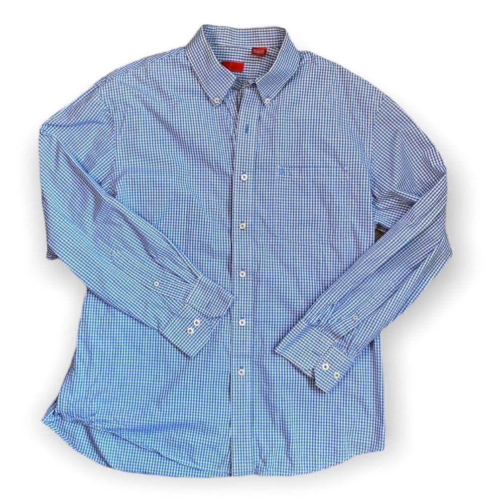 Izod Mens Blue White Plaid Cotton Button Front Shirt SZ L